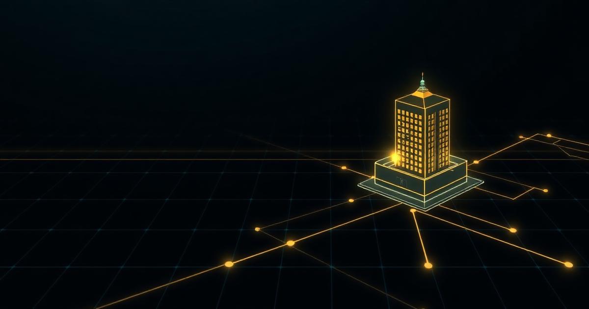 Tokenized real-world asset: a building linked to on-chain nodes on a gold and cyan grid